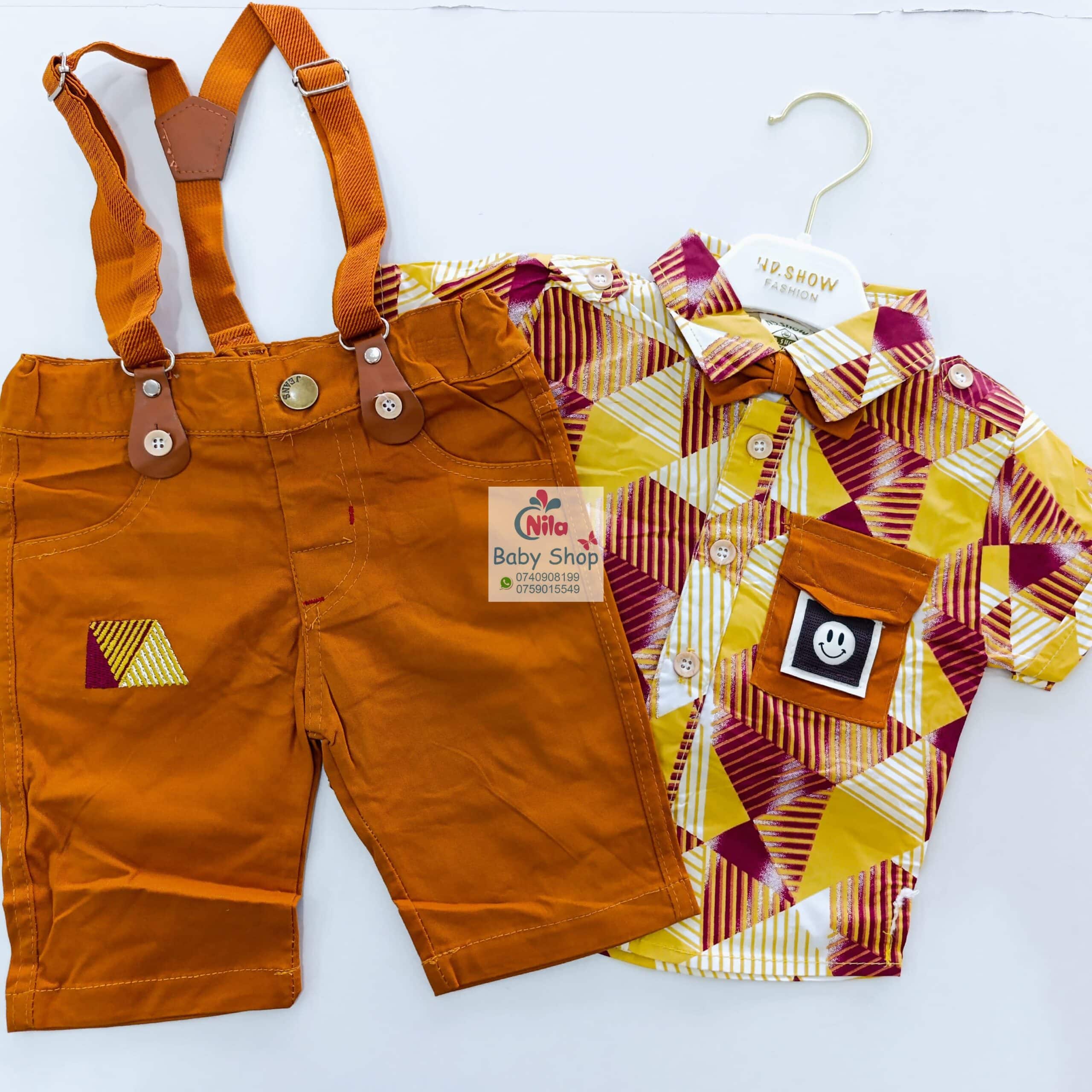 High Quality Baby Boy Suspender Khaki Shorts With Shirt & Bow Tie - Image 3
