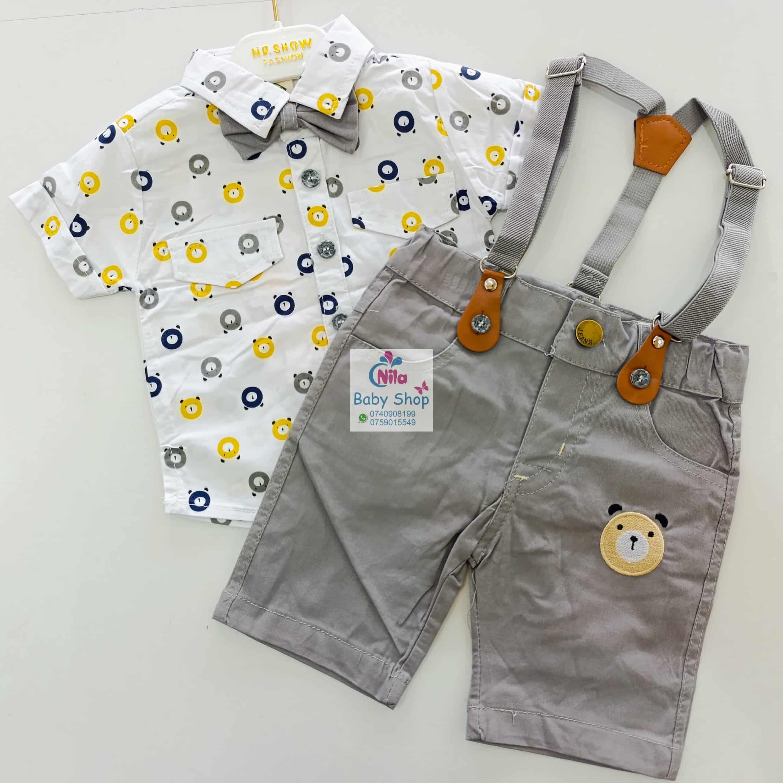 High Quality Baby Boy Suspender Khaki Shorts With Shirt & Bow Tie - Image 5