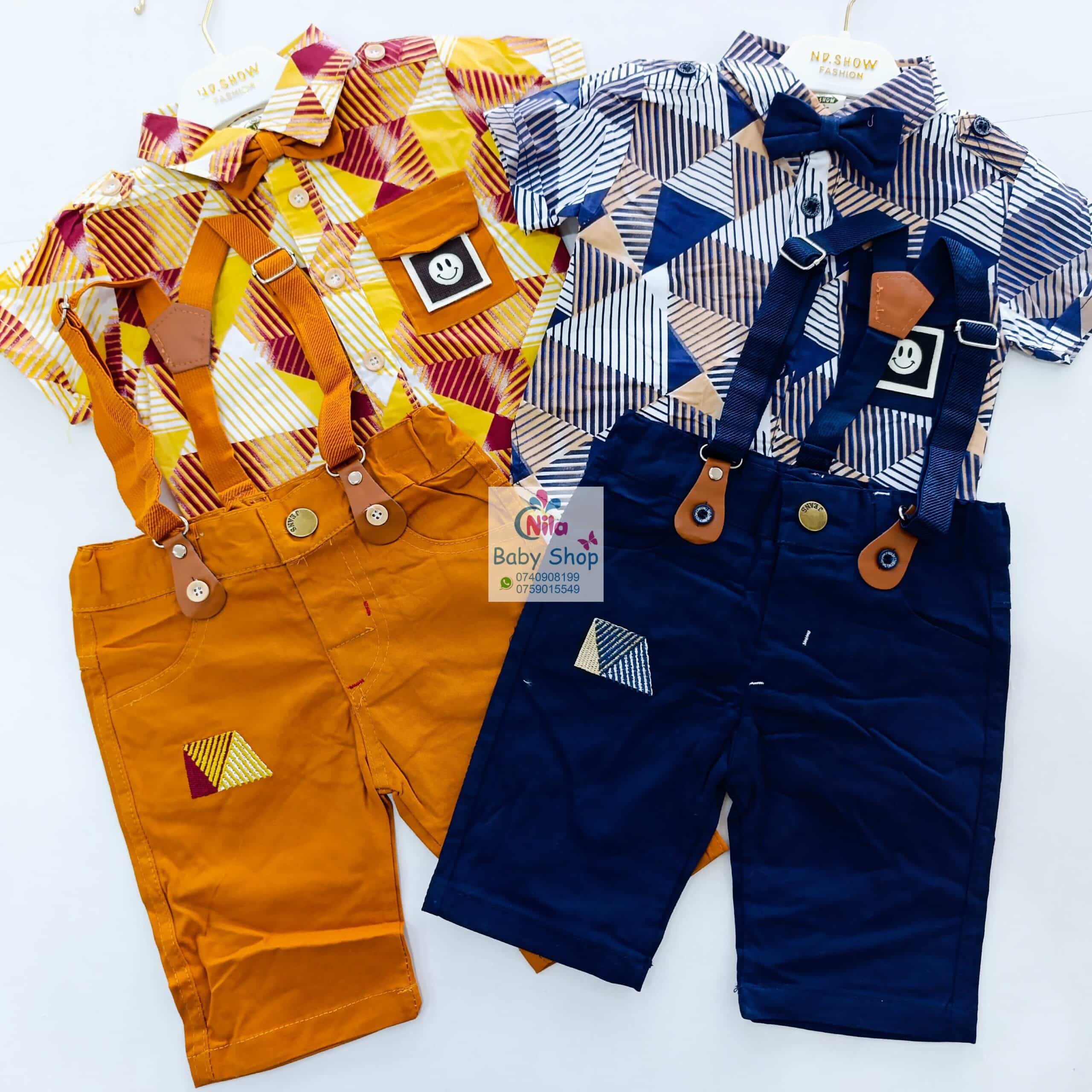 High Quality Baby Boy Suspender Khaki Shorts With Shirt & Bow Tie - Image 4