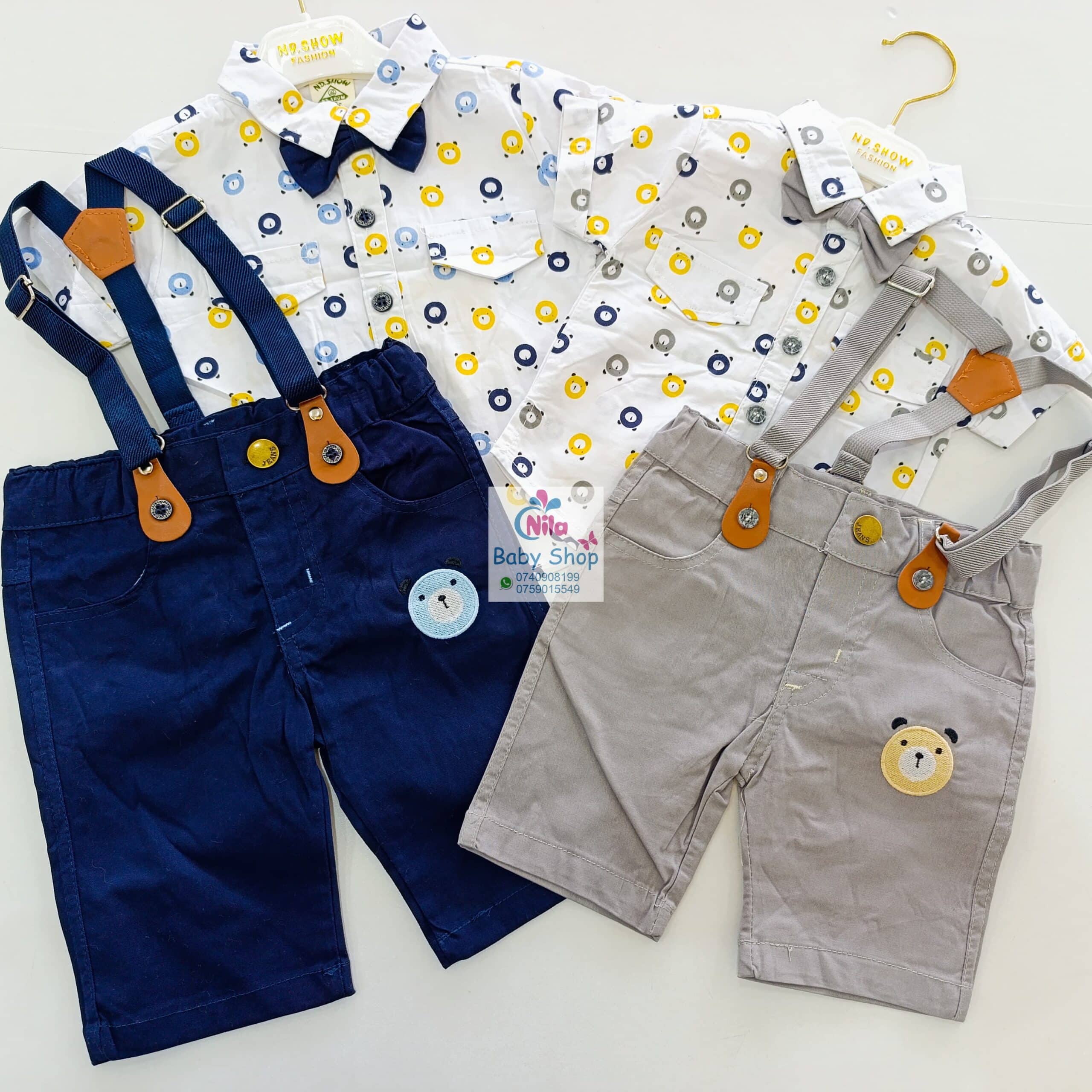 High Quality Baby Boy Suspender Khaki Shorts With Shirt & Bow Tie - Image 7