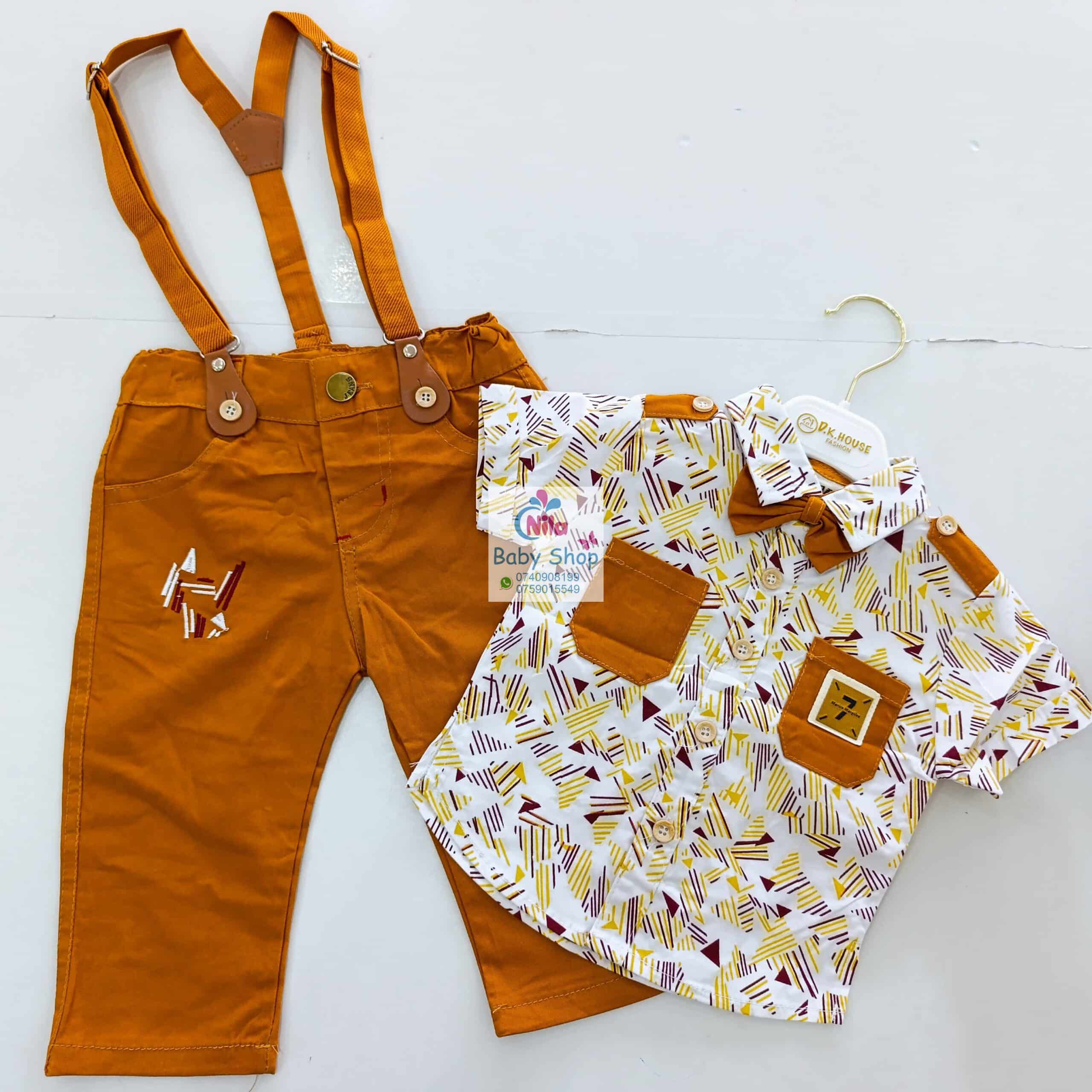 High Quality Baby Boy Suspender Khaki Shorts With Shirt & Bow Tie - Image 10