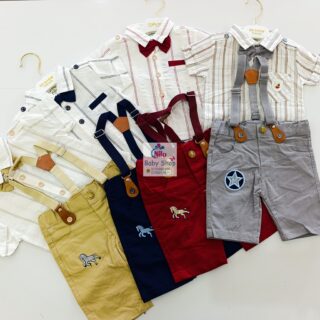 High Quality Baby Boy Suspender Khaki Shorts With Shirt & Bow Tie