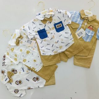 High Quality Baby Boy Suspender Khaki Shorts With Shirt & Bow Tie