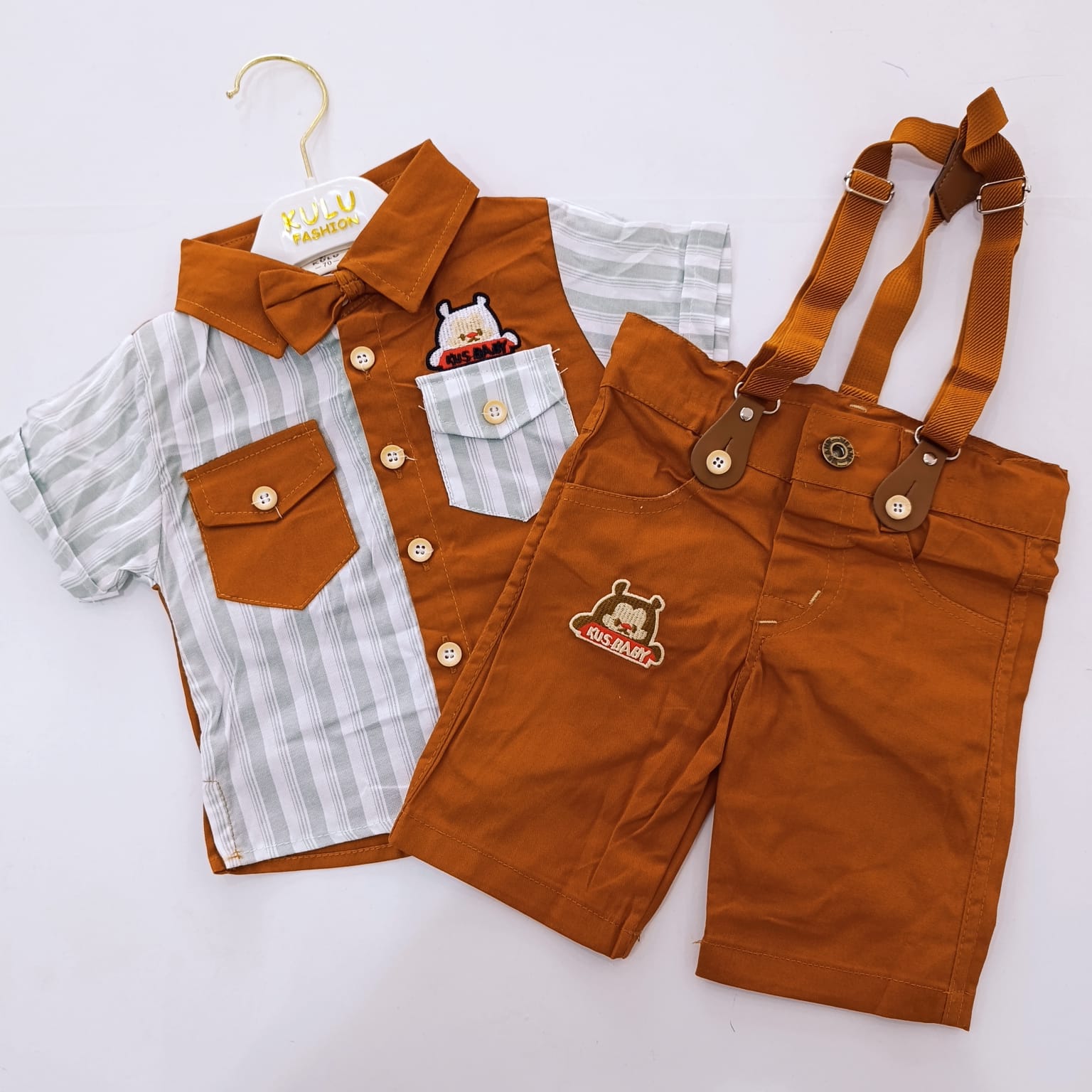 High Quality Baby Boy Suspender Khaki Shorts With Shirt & Bow Tie - Image 7