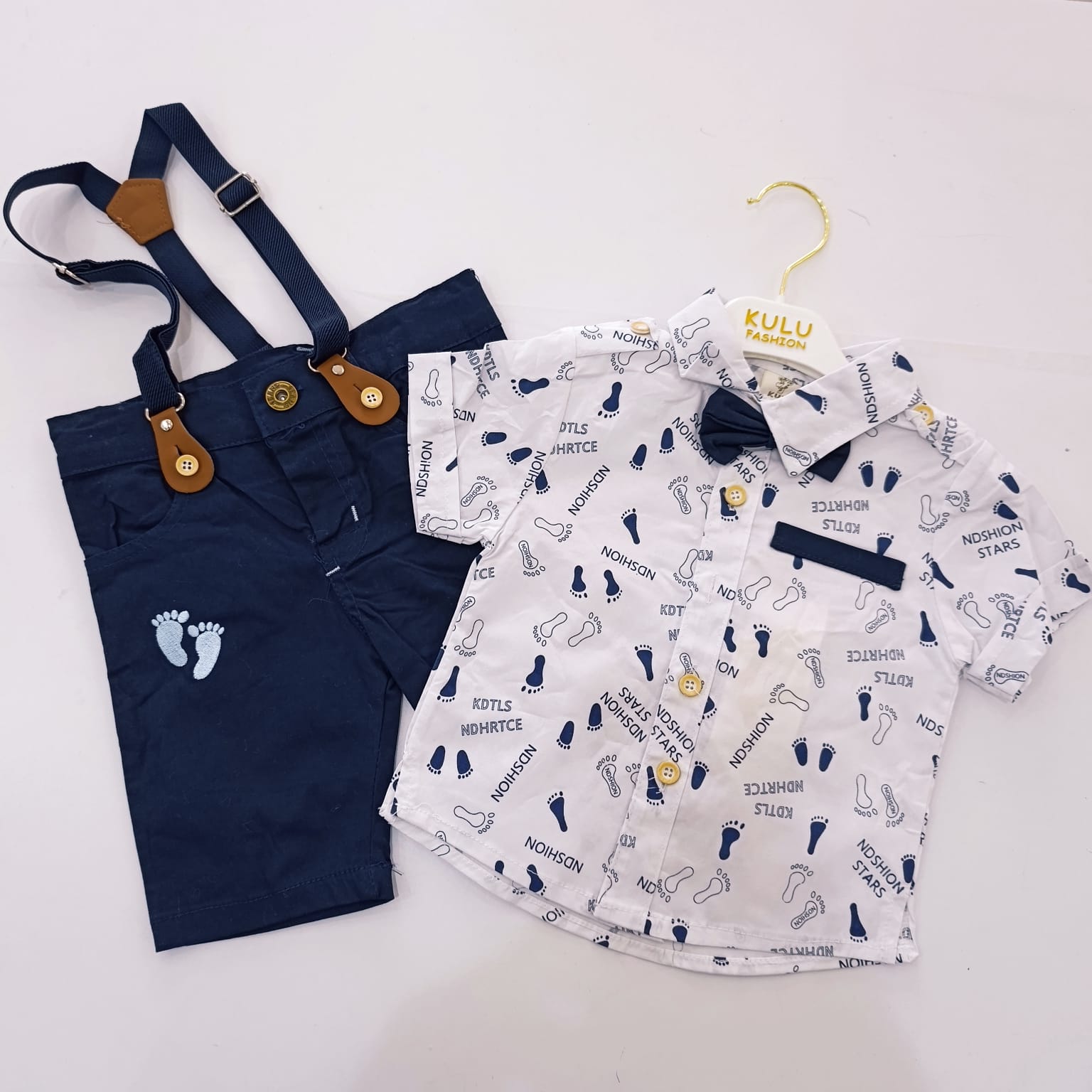 High Quality Baby Boy Suspender Khaki Shorts With Shirt & Bow Tie - Image 4