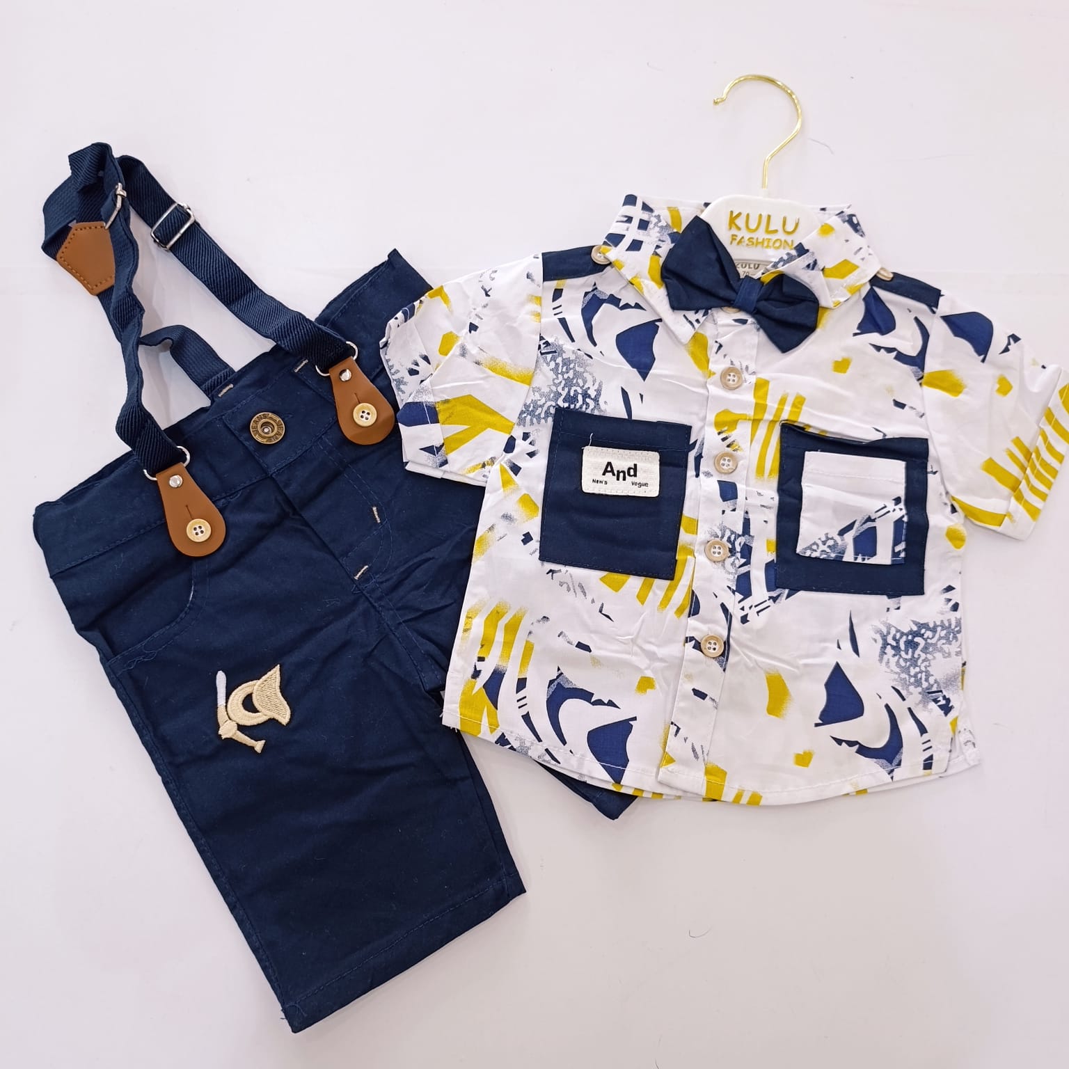 High Quality Baby Boy Suspender Khaki Shorts With Shirt & Bow Tie - Image 3