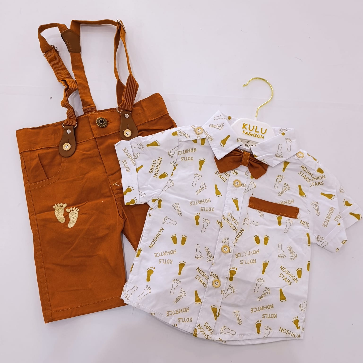 High Quality Baby Boy Suspender Khaki Shorts With Shirt & Bow Tie - Image 5