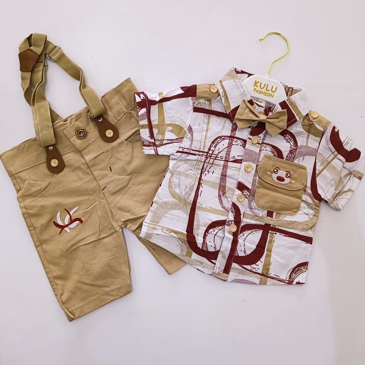 High Quality Baby Boy Suspender Khaki Shorts With Shirt & Bow Tie - Image 6