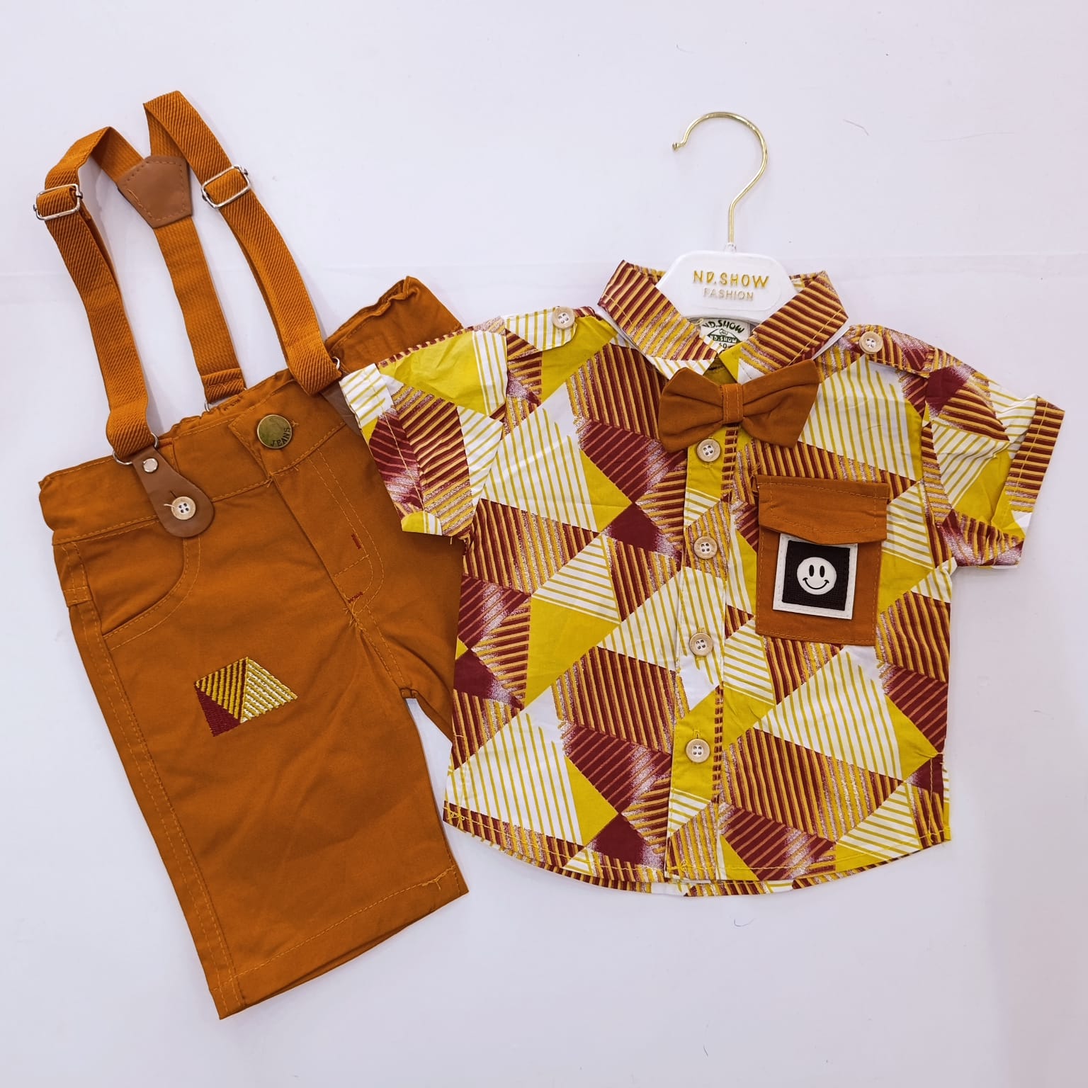 High Quality Baby Boy Suspender Khaki Shorts With Shirt & Bow Tie