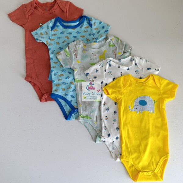 5 Pieces Multicolored Short-Sleeve Newborn Baby Boy Bodysuits - Image 11