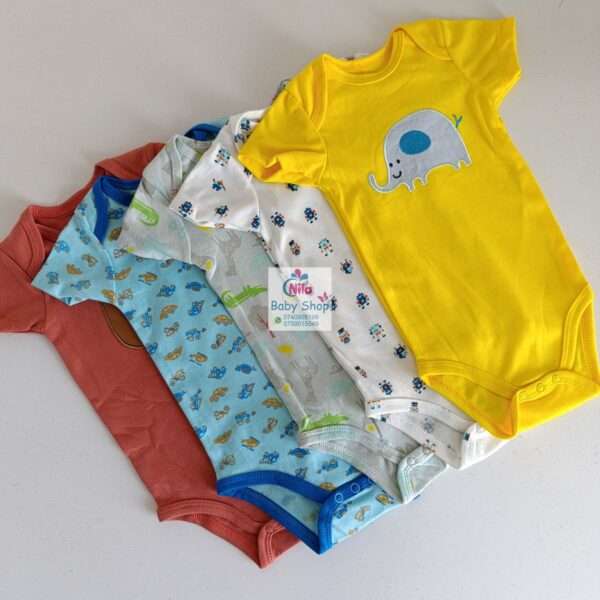 5 Pieces Multicolored Short-Sleeve Newborn Baby Boy Bodysuits - Image 10