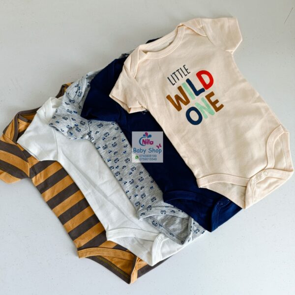 5 Pieces Multicolored Short-Sleeve Newborn Baby Boy Bodysuits - Image 7