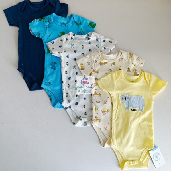 5 Pieces Multicolored Short-Sleeve Newborn Baby Boy Bodysuits - Image 2