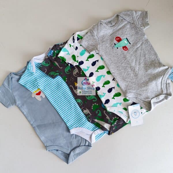 5 Pieces Multicolored Short-Sleeve Newborn Baby Boy Bodysuits - Image 11