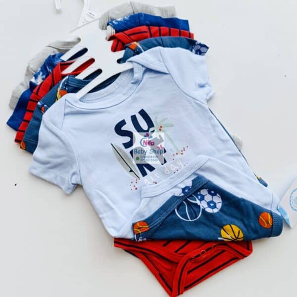 5 Pieces Multicolored Short-Sleeve Newborn Baby Boy Bodysuits - Image 11