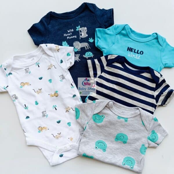 5 Pieces Multicolored Short-Sleeve Newborn Baby Boy Bodysuits - Image 9