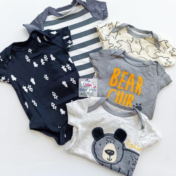 5 Pieces Multicolored Short-Sleeve Newborn Baby Boy Bodysuits - Image 3