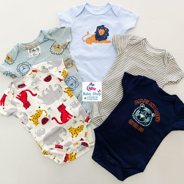 5 Pieces Multicolored Short-Sleeve Newborn Baby Boy Bodysuits - Image 9