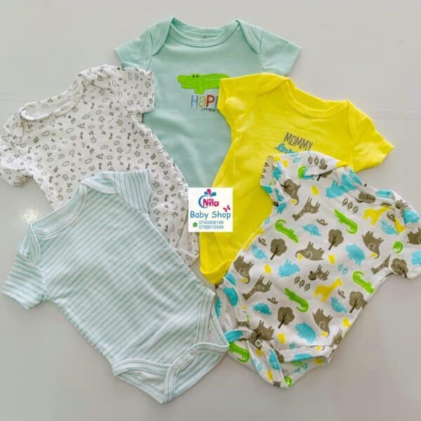 5 Pieces Multicolored Short-Sleeve Newborn Baby Boy Bodysuits - Image 7