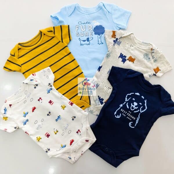 5 Pieces Multicolored Short-Sleeve Newborn Baby Boy Bodysuits - Image 6