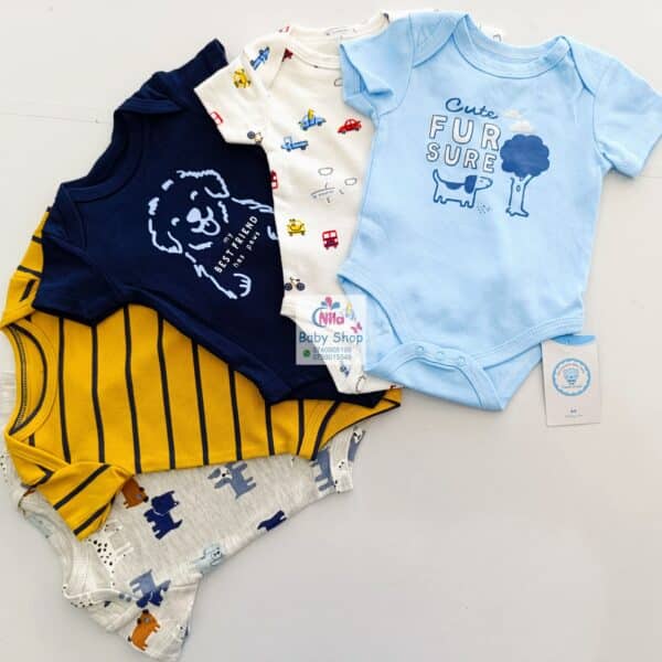 5 Pieces Multicolored Short-Sleeve Newborn Baby Boy Bodysuits - Image 20