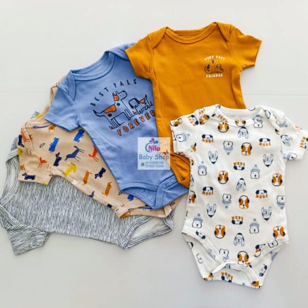 5 Pieces Multicolored Short-Sleeve Newborn Baby Boy Bodysuits - Image 15