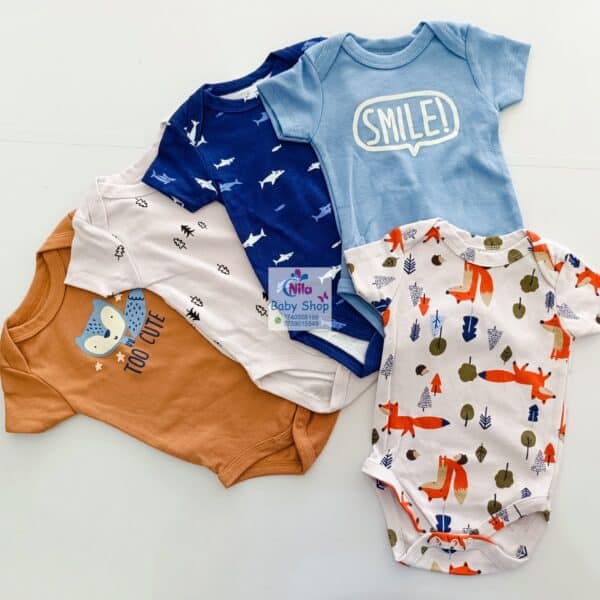 5 Pieces Multicolored Short-Sleeve Newborn Baby Boy Bodysuits - Image 6