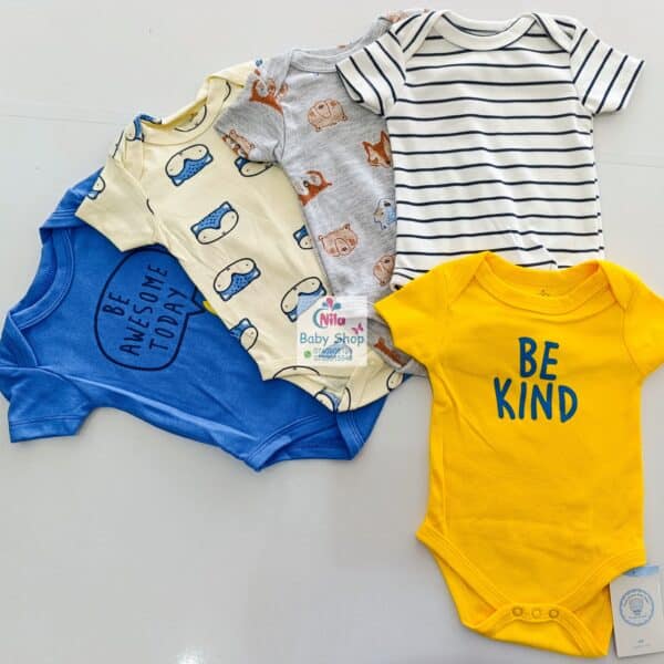 5 Pieces Multicolored Short-Sleeve Newborn Baby Boy Bodysuits - Image 3