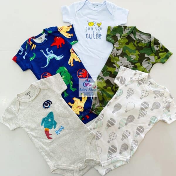 5 Pieces Multicolored Short-Sleeve Newborn Baby Boy Bodysuits - Image 8
