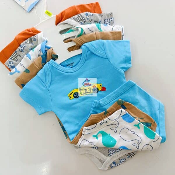 5 Pieces Multicolored Short-Sleeve Newborn Baby Boy Bodysuits - Image 9