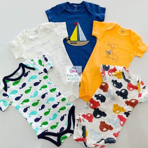 5 Pieces Multicolored Short-Sleeve Newborn Baby Boy Bodysuits - Image 7