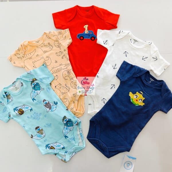 5 Pieces Multicolored Short-Sleeve Newborn Baby Boy Bodysuits - Image 6
