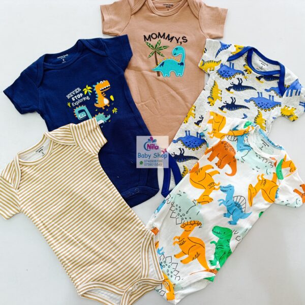 5 Pieces Multicolored Short-Sleeve Newborn Baby Boy Bodysuits - Image 5