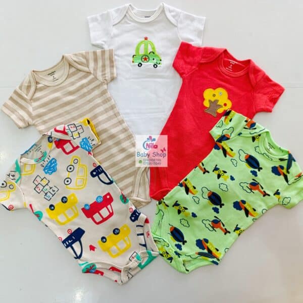 5 Pieces Multicolored Short-Sleeve Newborn Baby Boy Bodysuits - Image 3
