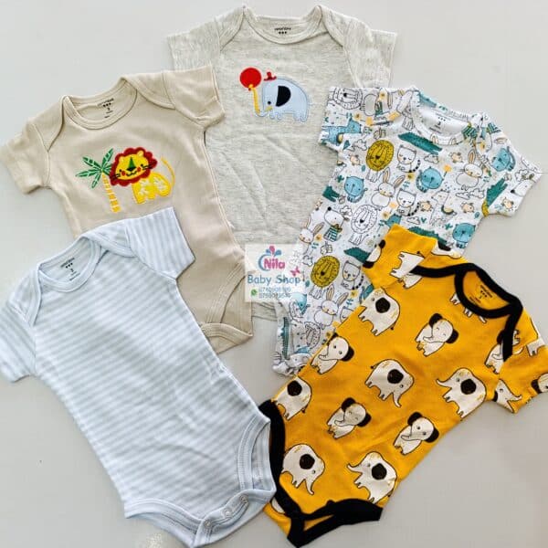 5 Pieces Multicolored Short-Sleeve Newborn Baby Boy Bodysuits - Image 4