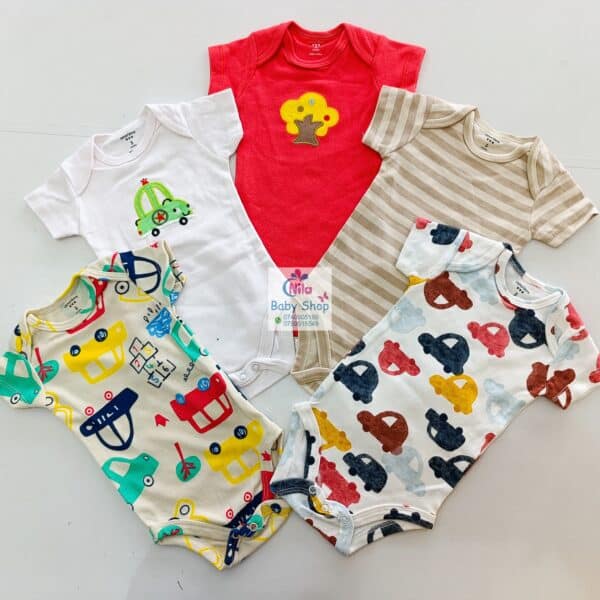 5 Pieces Multicolored Short-Sleeve Newborn Baby Boy Bodysuits - Image 2