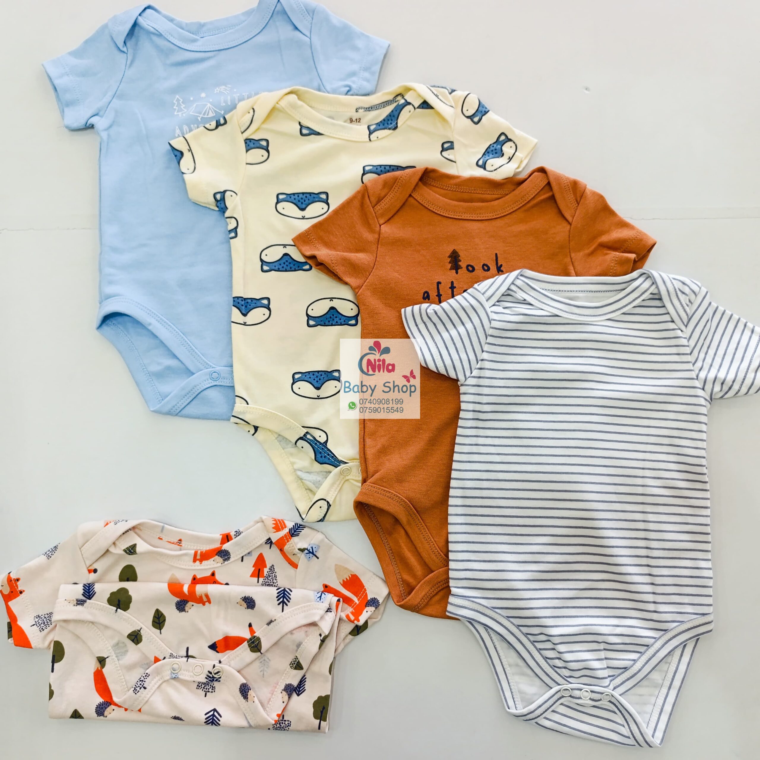 5 Pieces Multicolored Short-Sleeve Newborn Baby Boy Bodysuits - Image 12