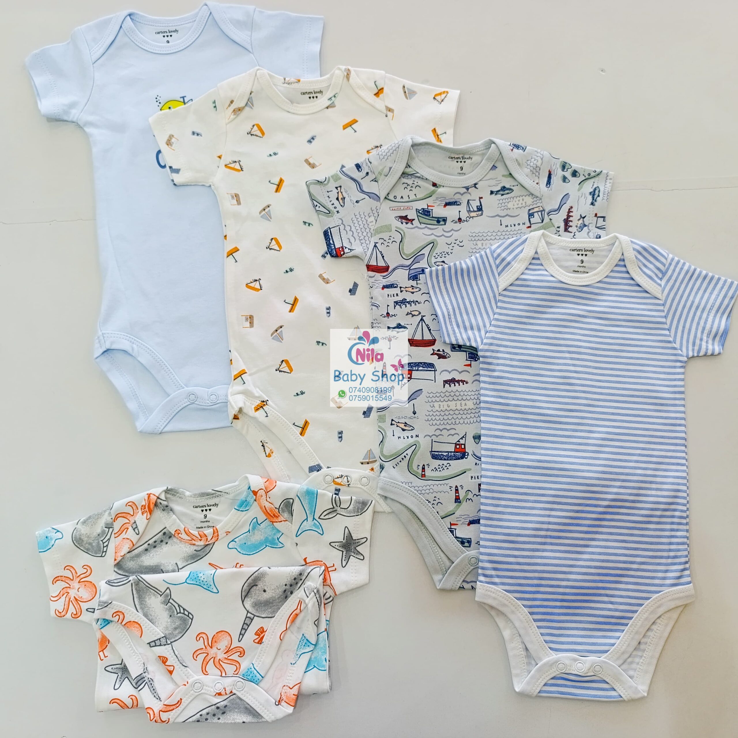 5 Pieces Multicolored Short-Sleeve Newborn Baby Boy Bodysuits - Image 10