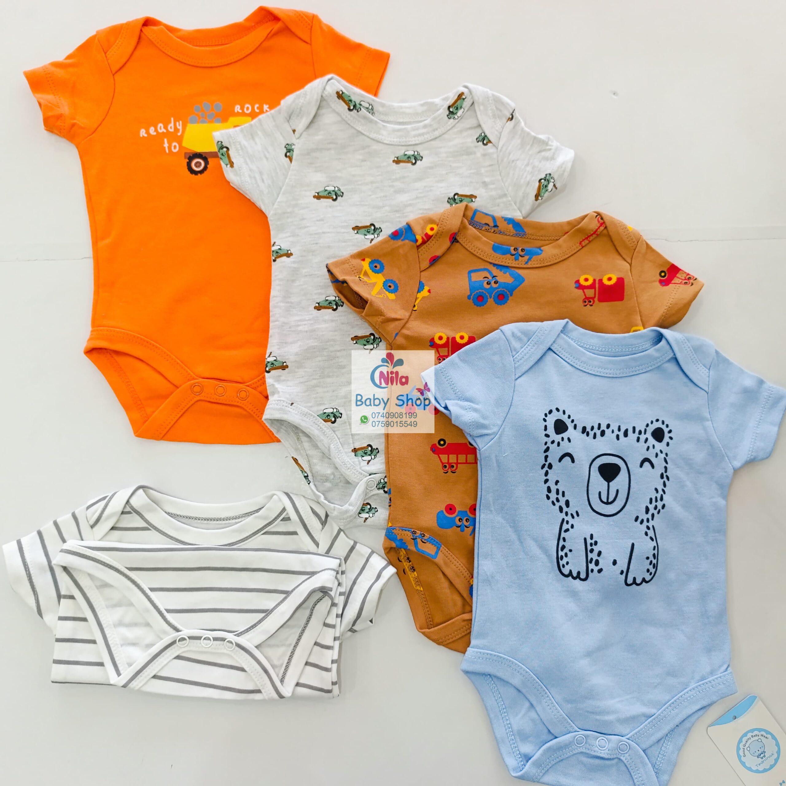 5 Pieces Multicolored Short-Sleeve Newborn Baby Boy Bodysuits - Image 8