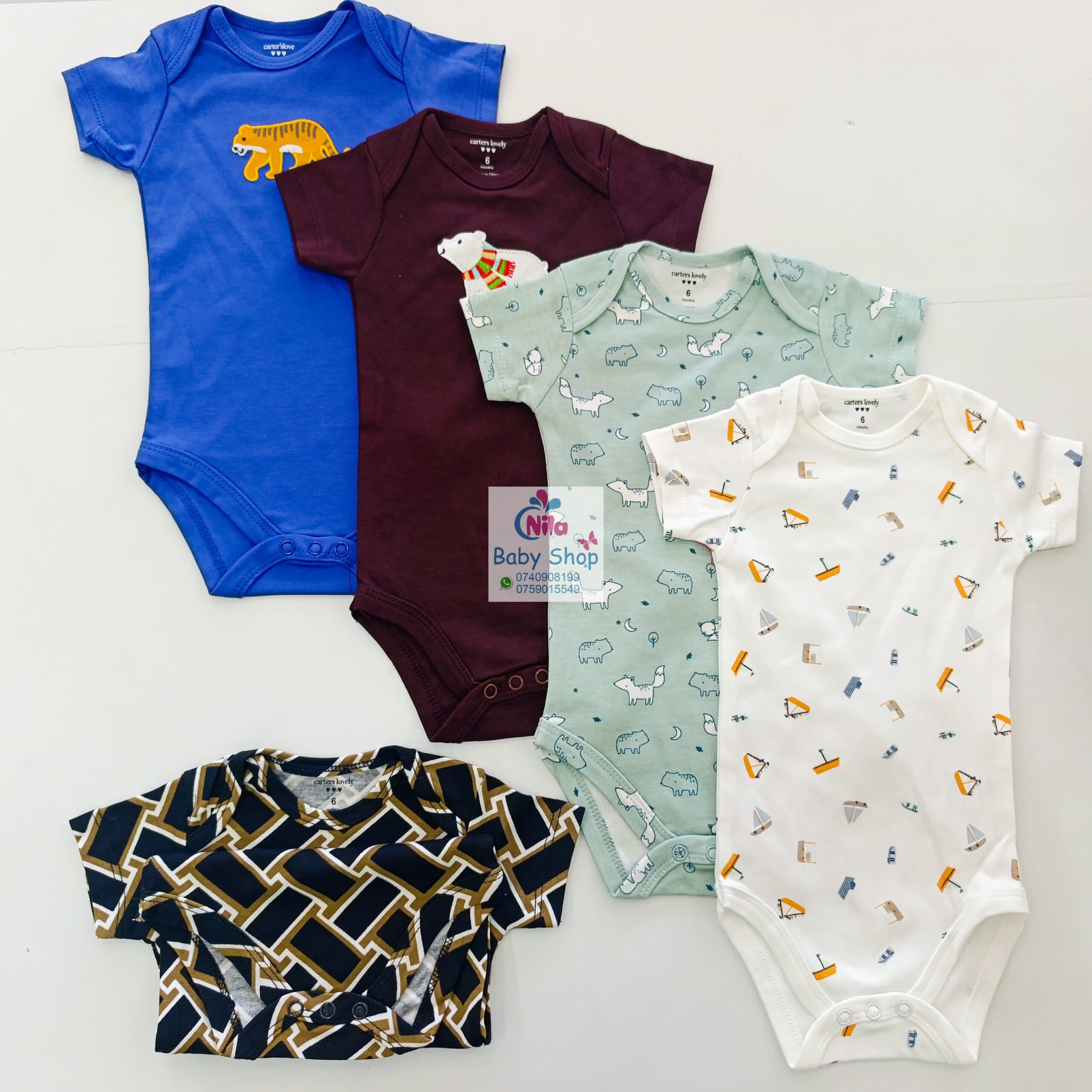 5 Pieces Multicolored Short-Sleeve Newborn Baby Boy Bodysuits - Image 6