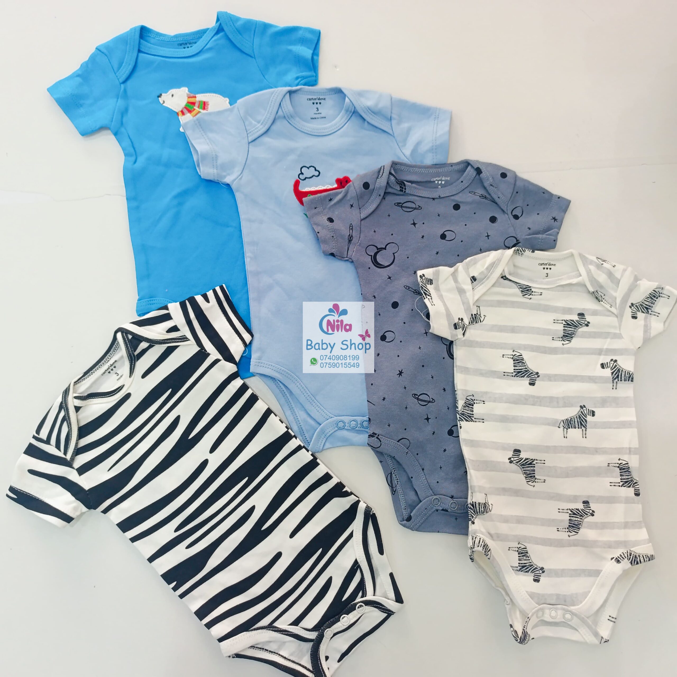 5 Pieces Multicolored Short-Sleeve Newborn Baby Boy Bodysuits - Image 3