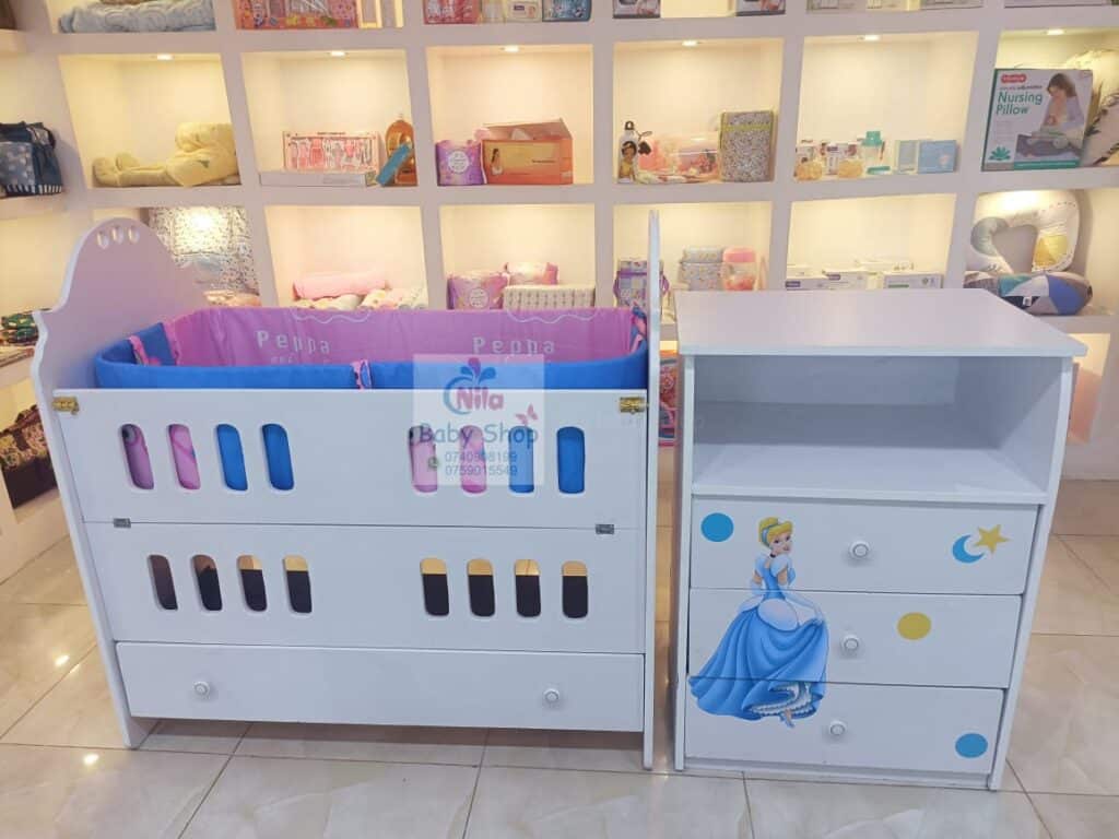 Plain White Baby Cot + Cinderella Side Drawer