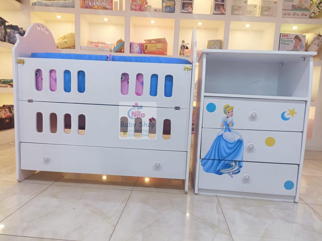 Plain White Baby Cot + Cinderella Side Drawer Nila Baby Shop