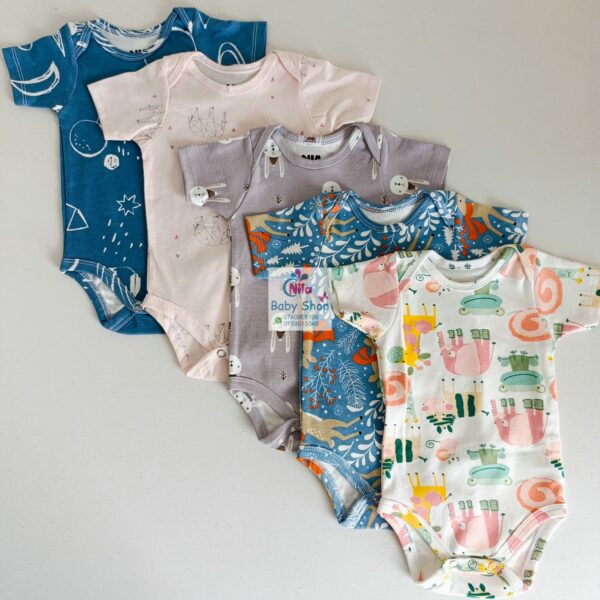 Multicolor Short Sleeve Cotton Baby Onesies (5 Pack) - Image 19