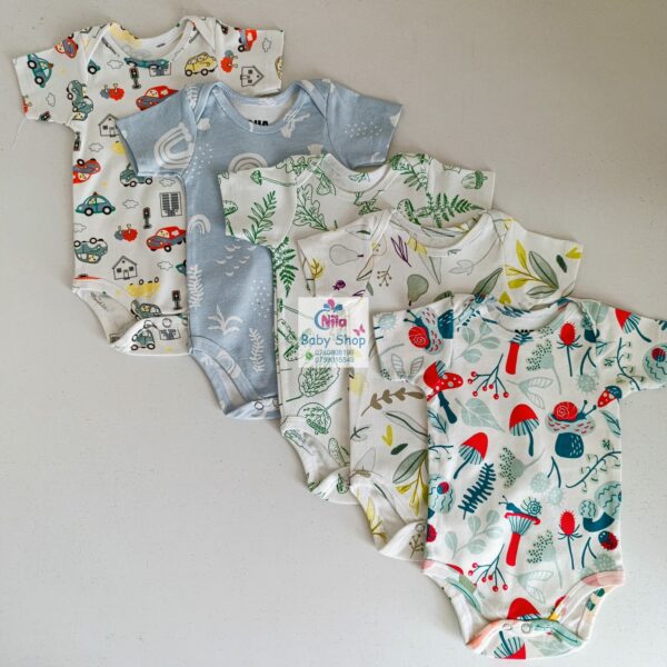 Multicolor Short Sleeve Cotton Baby Onesies (5 Pack) - Image 12