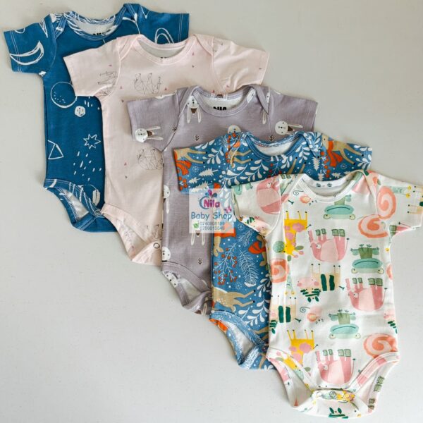 Multicolor Short Sleeve Cotton Baby Onesies (5 Pack) - Image 24