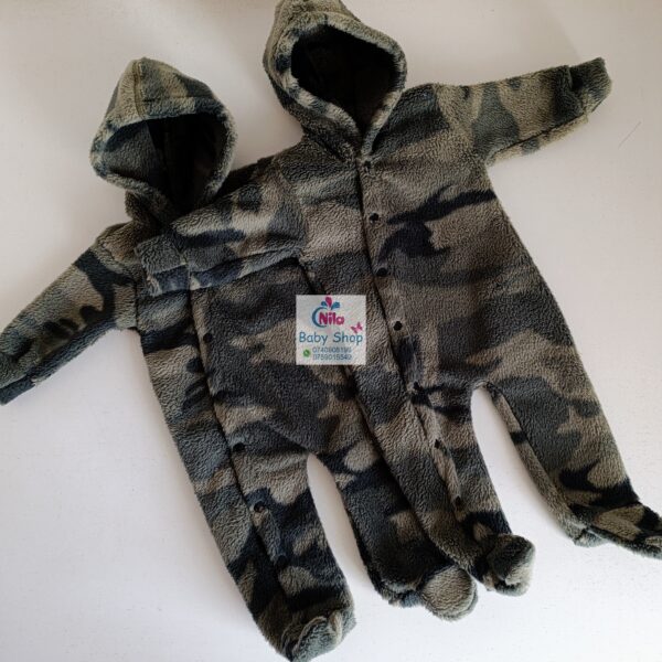 Baby Green Camo Buttoned Hooded Overall One Piece Bodysuit