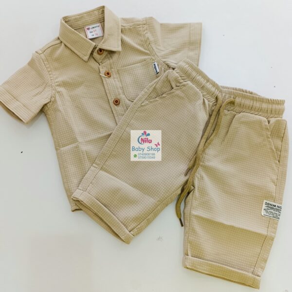Boys Summer Outfits Casual Style 2 Piece Set Solid Waffle Knit Button Down Short Sleeve Shirt + Elastic Waist Shorts - Image 2