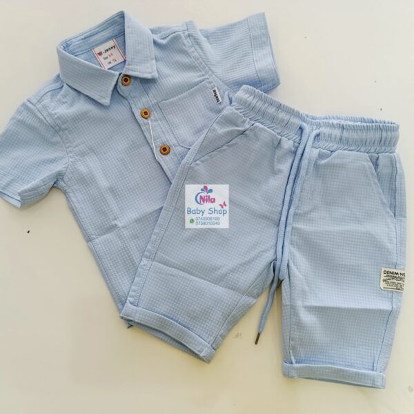 Boys Summer Outfits Casual Style 2 Piece Set Solid Waffle Knit Button Down Short Sleeve Shirt + Elastic Waist Shorts - Image 3