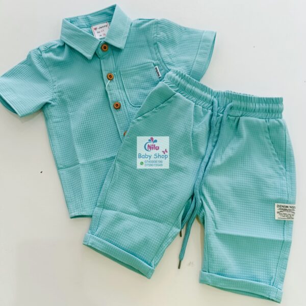 Boys Summer Outfits Casual Style 2 Piece Set Solid Waffle Knit Button Down Short Sleeve Shirt + Elastic Waist Shorts - Image 5